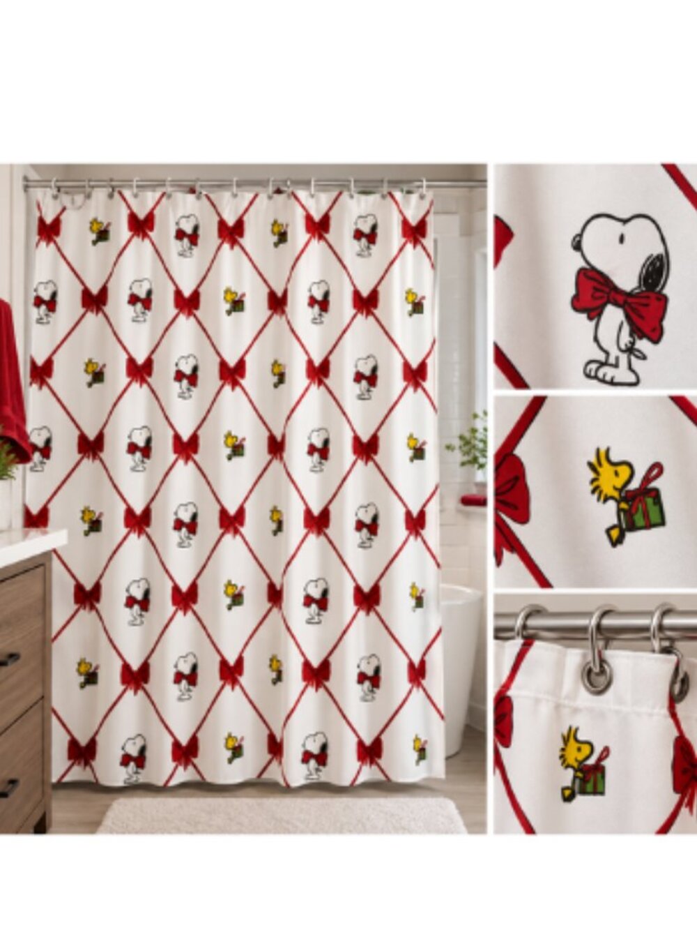 Peanuts Snoopy Woodstock Christmas Shower Curtain 72x72 Red Bows NWT